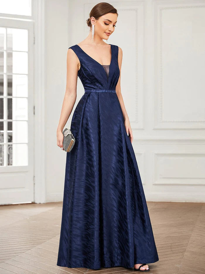 Wholesa Illusion V-Neck Sleeveless Satin Empire Waist A-Line Evening Dress