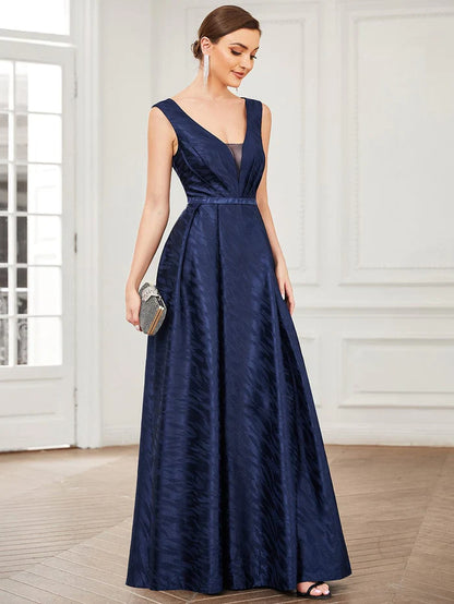 Wholesa Illusion V-Neck Sleeveless Satin Empire Waist A-Line Evening Dress