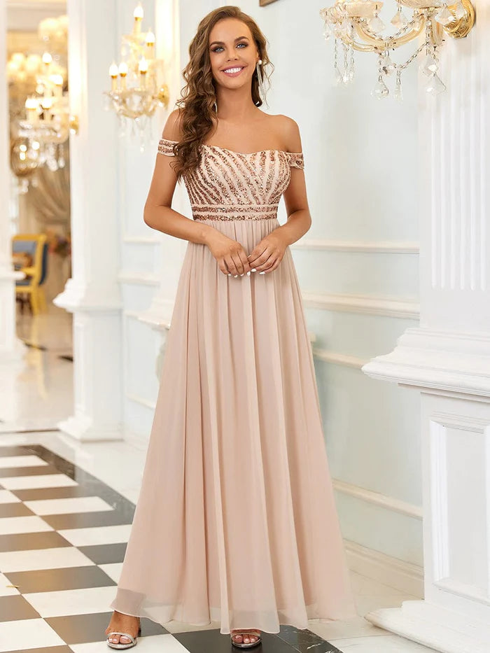 Wholesa Off Shoulder Shining Paillette A-Line Maxi Evening Dress