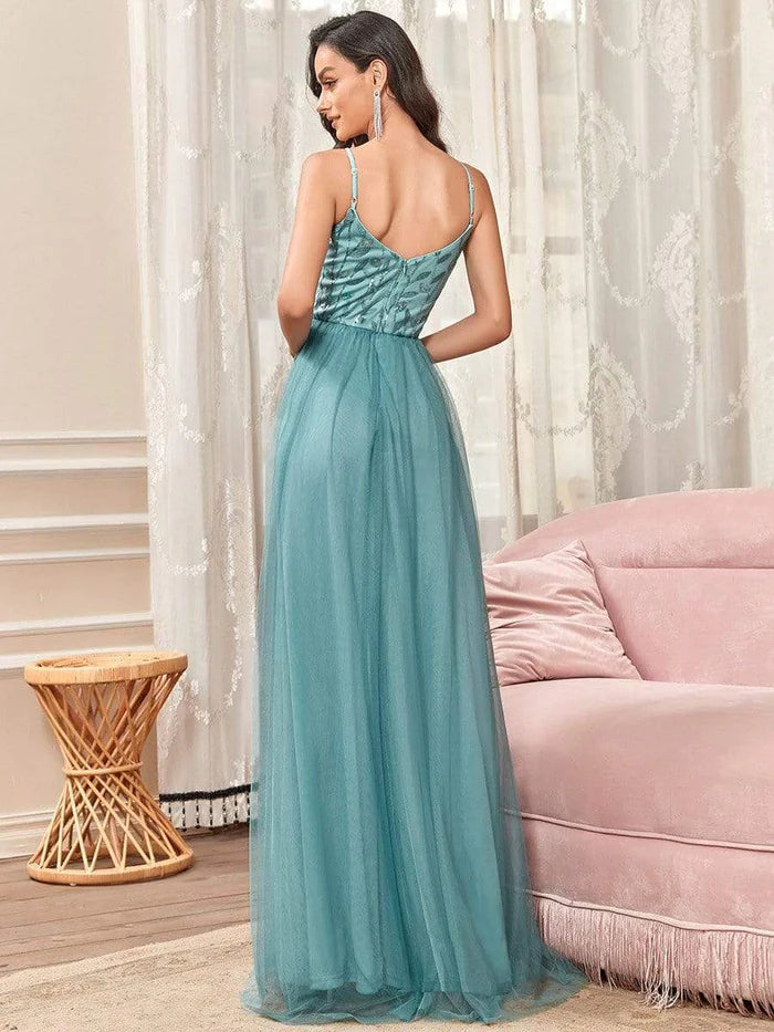 Wholesa V Neck Spaghetti Strap Embroidered Maxi Tulle Wedding Guest Dress