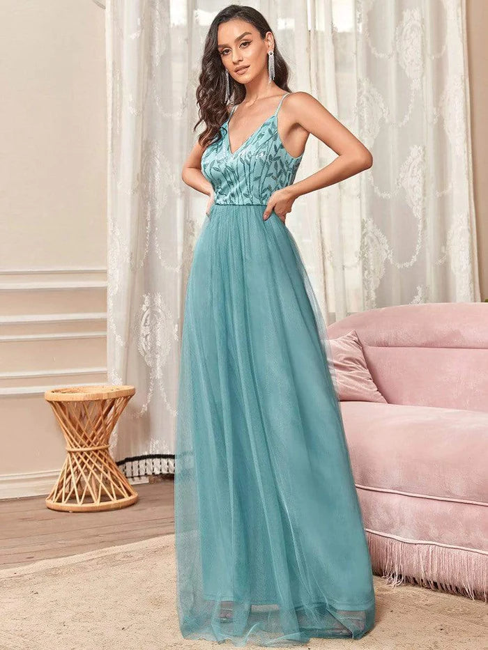 Wholesa V Neck Spaghetti Strap Embroidered Maxi Tulle Wedding Guest Dress