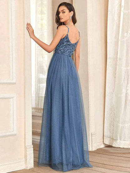 Wholesa V Neck Spaghetti Strap Embroidered Maxi Tulle Wedding Guest Dress