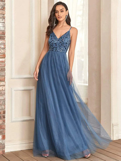 Wholesa V Neck Spaghetti Strap Embroidered Maxi Tulle Wedding Guest Dress