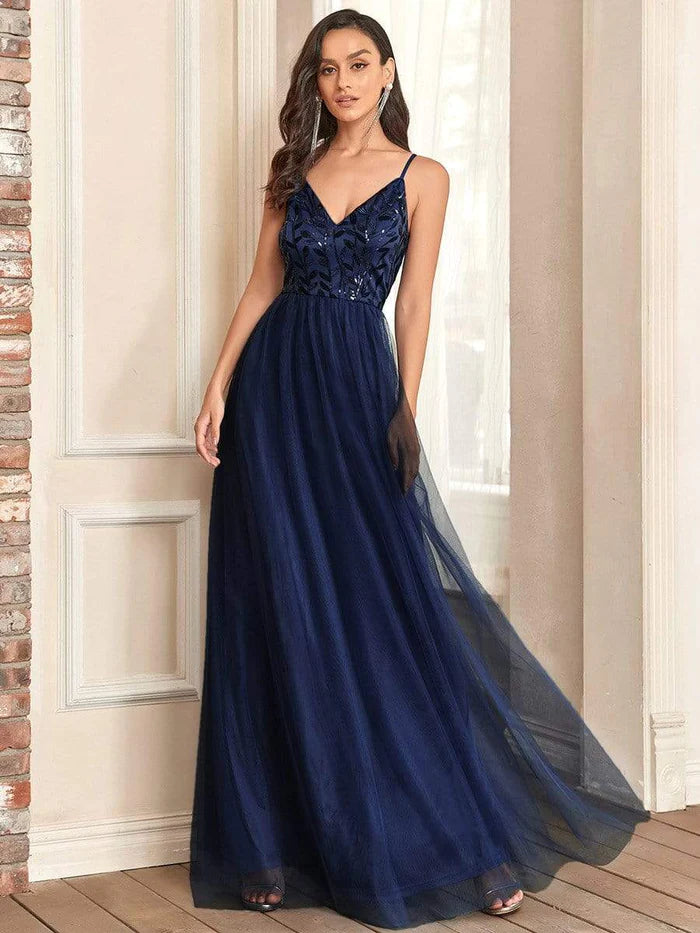 Wholesa V Neck Spaghetti Strap Embroidered Maxi Tulle Wedding Guest Dress