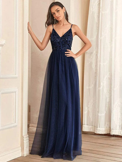 Wholesa V Neck Spaghetti Strap Embroidered Maxi Tulle Wedding Guest Dress