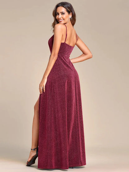 Wholesa Vintage V-neck Spaghetti Straps Glitter Maxi Evening Dress