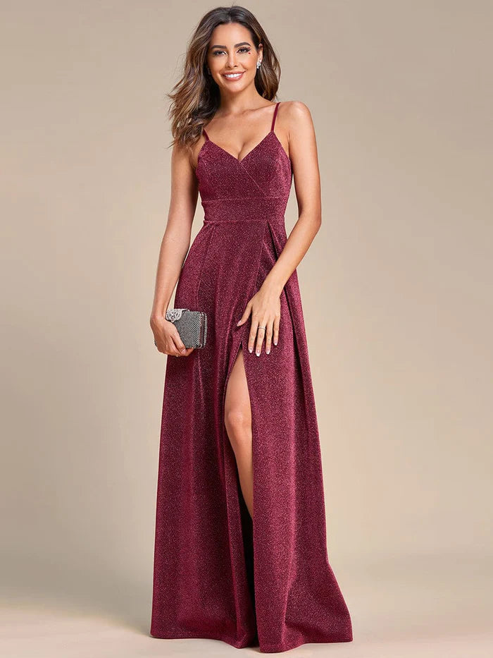 Wholesa Vintage V-neck Spaghetti Straps Glitter Maxi Evening Dress