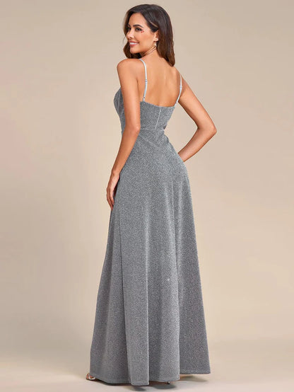 Wholesa Vintage V-neck Spaghetti Straps Glitter Maxi Evening Dress