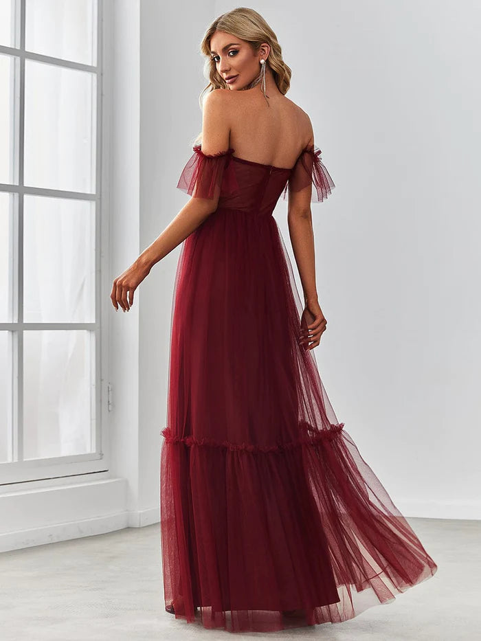 Wholesa Off the Shoulder Sweetheart Pleated Tulle Evening Dress