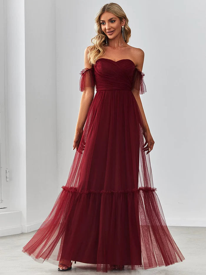 Wholesa Off the Shoulder Sweetheart Pleated Tulle Evening Dress