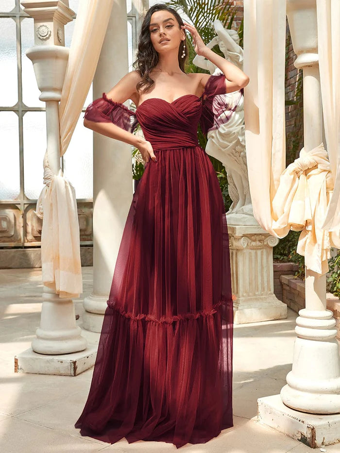 Wholesa Off-Shoulder Sweetheart Double Layer Pleated Evening Dress