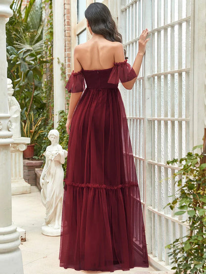 Wholesa Off-Shoulder Sweetheart Double Layer Pleated Evening Dress