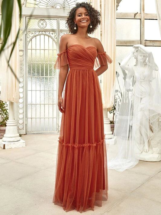 Wholesa Off the Shoulder Sweetheart Pleated Tulle Evening Dress