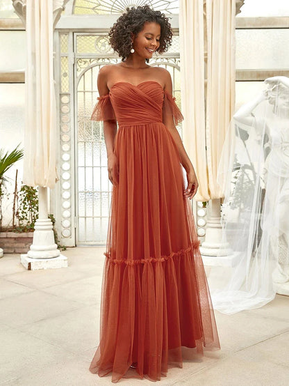 Wholesa Off the Shoulder Sweetheart Pleated Tulle Evening Dress