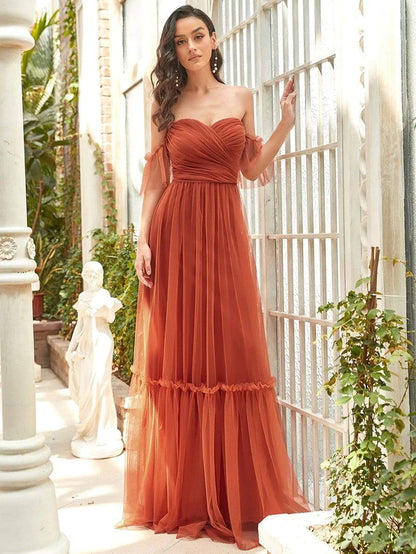 Wholesa Off-Shoulder Sweetheart Double Layer Pleated Evening Dress