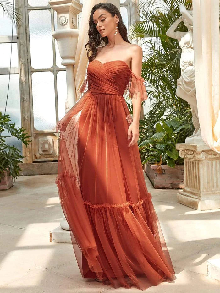 Wholesa Off-Shoulder Sweetheart Double Layer Pleated Evening Dress