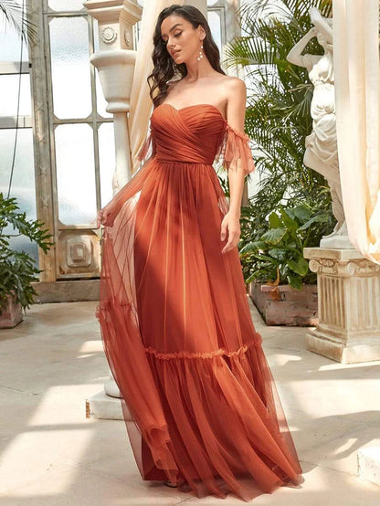 Wholesa Off-Shoulder Sweetheart Double Layer Pleated Evening Dress