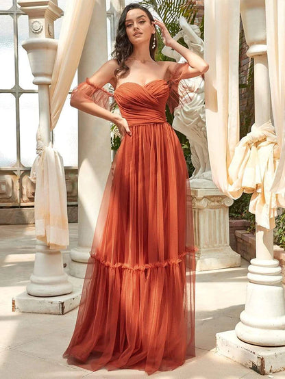 Wholesa Off-Shoulder Sweetheart Double Layer Pleated Evening Dress