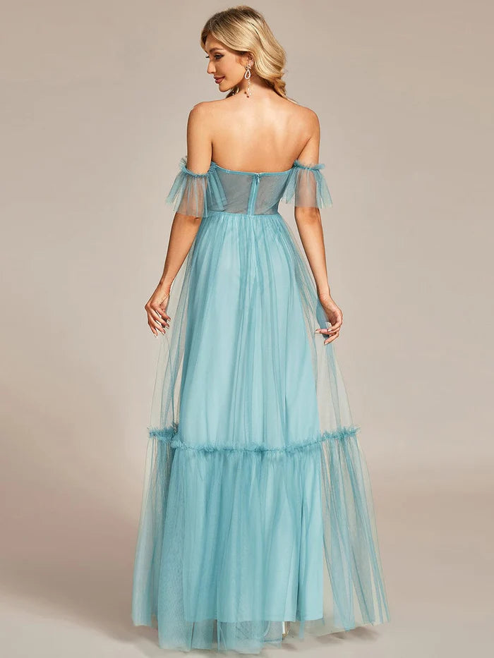 Wholesa Off the Shoulder Sweetheart Pleated Tulle Evening Dress