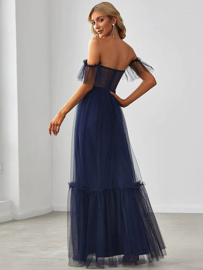 Wholesa Off the Shoulder Sweetheart Pleated Tulle Evening Dress