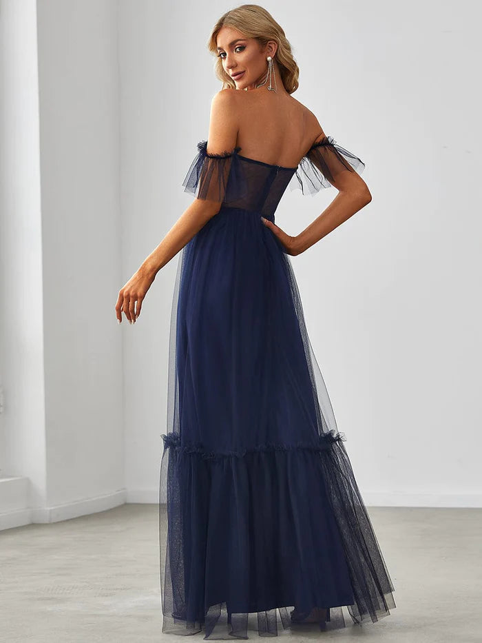 Wholesa Off-Shoulder Sweetheart Double Layer Pleated Evening Dress