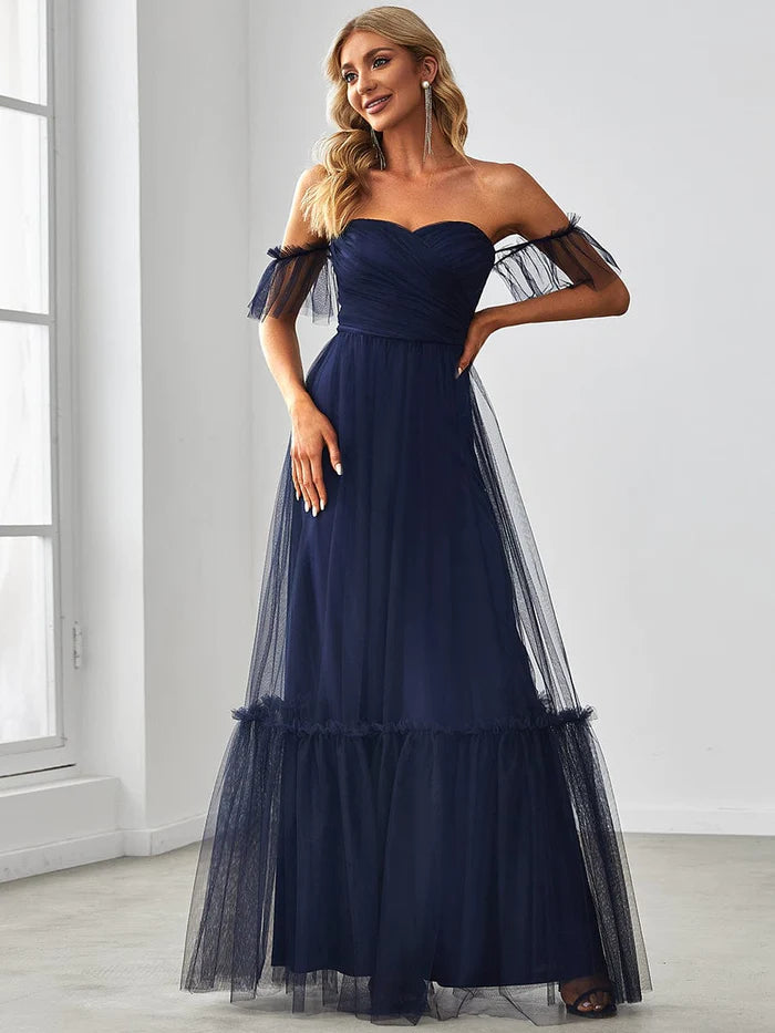 Wholesa Off the Shoulder Sweetheart Pleated Tulle Evening Dress