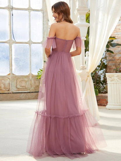 Wholesa Off the Shoulder Sweetheart Pleated Tulle Evening Dress