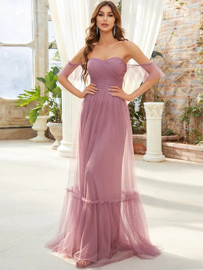 Wholesa Off-Shoulder Sweetheart Double Layer Pleated Evening Dress