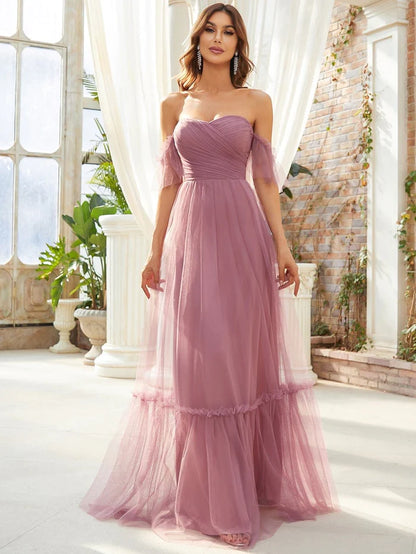 Wholesa Off the Shoulder Sweetheart Pleated Tulle Evening Dress