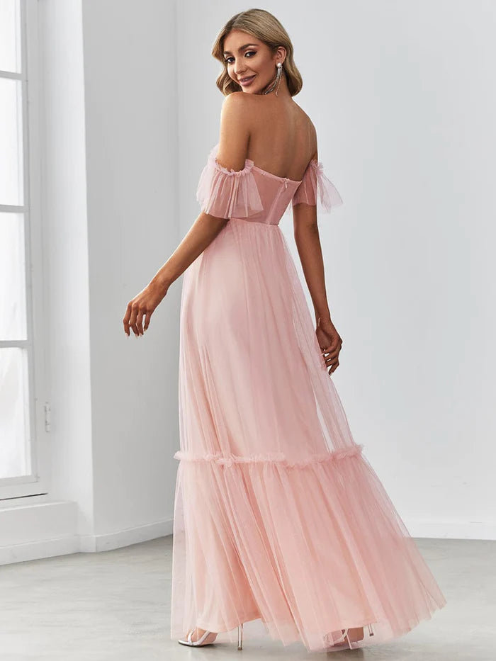 Wholesa Off the Shoulder Sweetheart Pleated Tulle Evening Dress