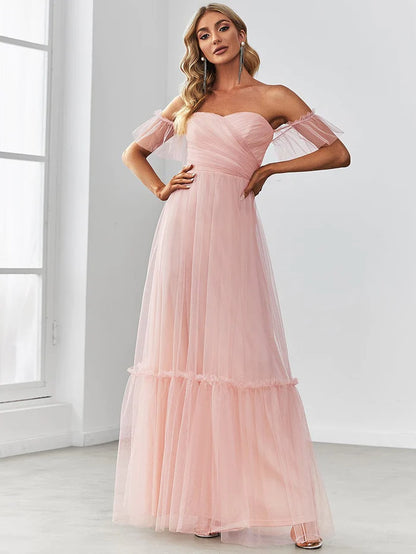 Wholesa Off the Shoulder Sweetheart Pleated Tulle Evening Dress