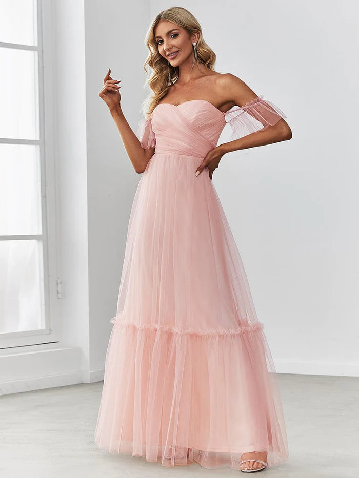 Wholesa Off the Shoulder Sweetheart Pleated Tulle Evening Dress