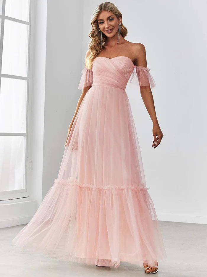 Wholesa Off-Shoulder Sweetheart Double Layer Pleated Evening Dress