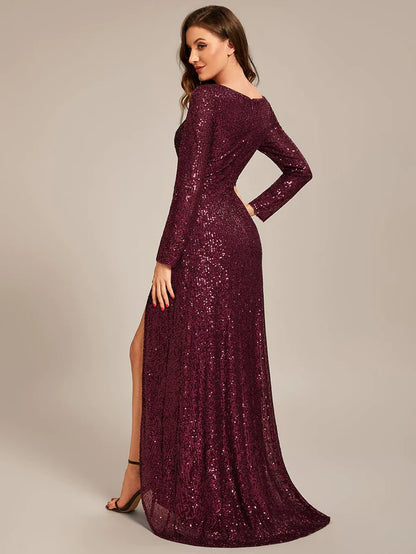 Wholesa Long Sleeve V-neck Asymmetrical Hem Sequin Evening Dress