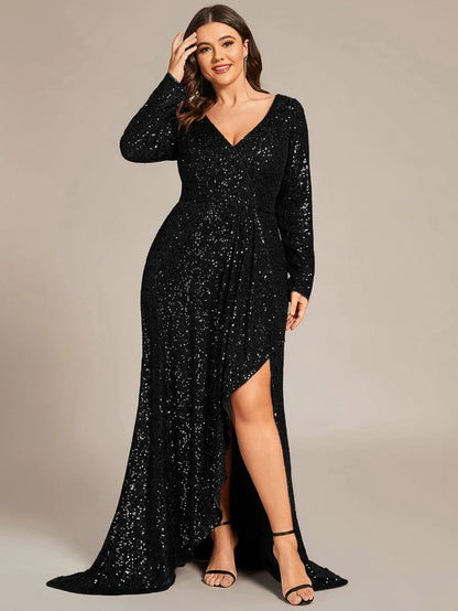 Wholesa Long Sleeve V-neck Asymmetrical Hem Sequin Evening Dress