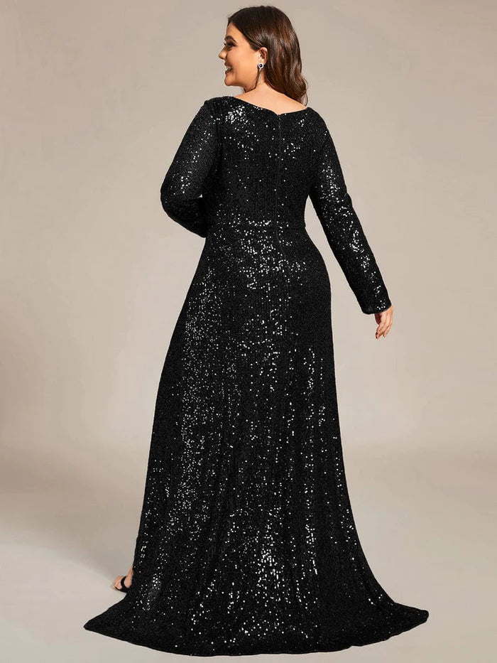 Wholesa Long Sleeve V-neck Asymmetrical Hem Sequin Evening Dress