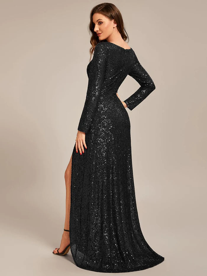 Wholesa Long Sleeve V-neck Asymmetrical Hem Sequin Evening Dress