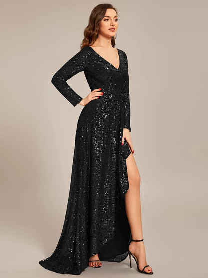 Wholesa Long Sleeve V-neck Asymmetrical Hem Sequin Evening Dress