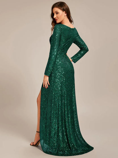 Wholesa Long Sleeve V-neck Asymmetrical Hem Sequin Evening Dress