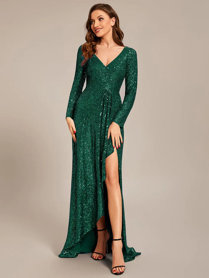 Wholesa Long Sleeve V-neck Asymmetrical Hem Sequin Evening Dress