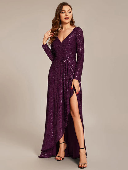 Wholesa Long Sleeve V-neck Asymmetrical Hem Sequin Evening Dress