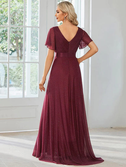 Wholesa Long Shimmery Flutter Sleeve Pleated V-Neck Evening Dress