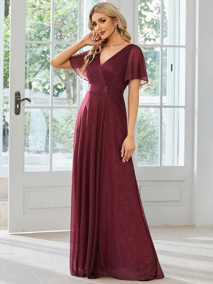 Wholesa Long Shimmery Flutter Sleeve Pleated V-Neck Evening Dress