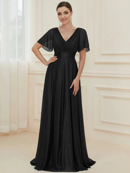 Wholesa Long Shimmery Flutter Sleeve Pleated V-Neck Evening Dress