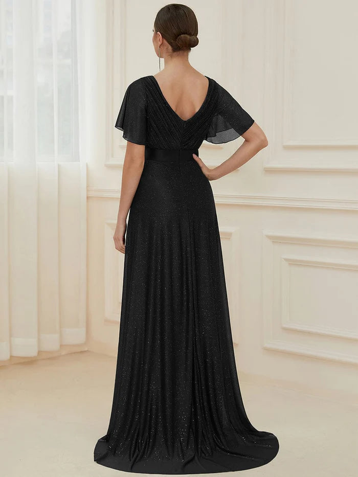 Wholesa Long Shimmery Flutter Sleeve Pleated V-Neck Evening Dress