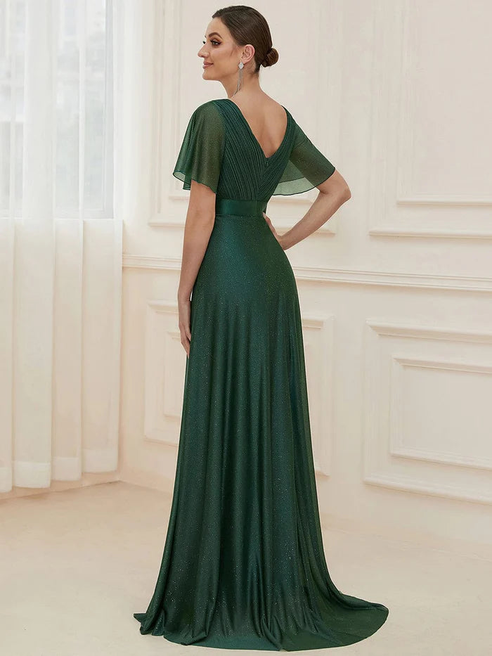 Wholesa Long Shimmery Flutter Sleeve Pleated V-Neck Evening Dress