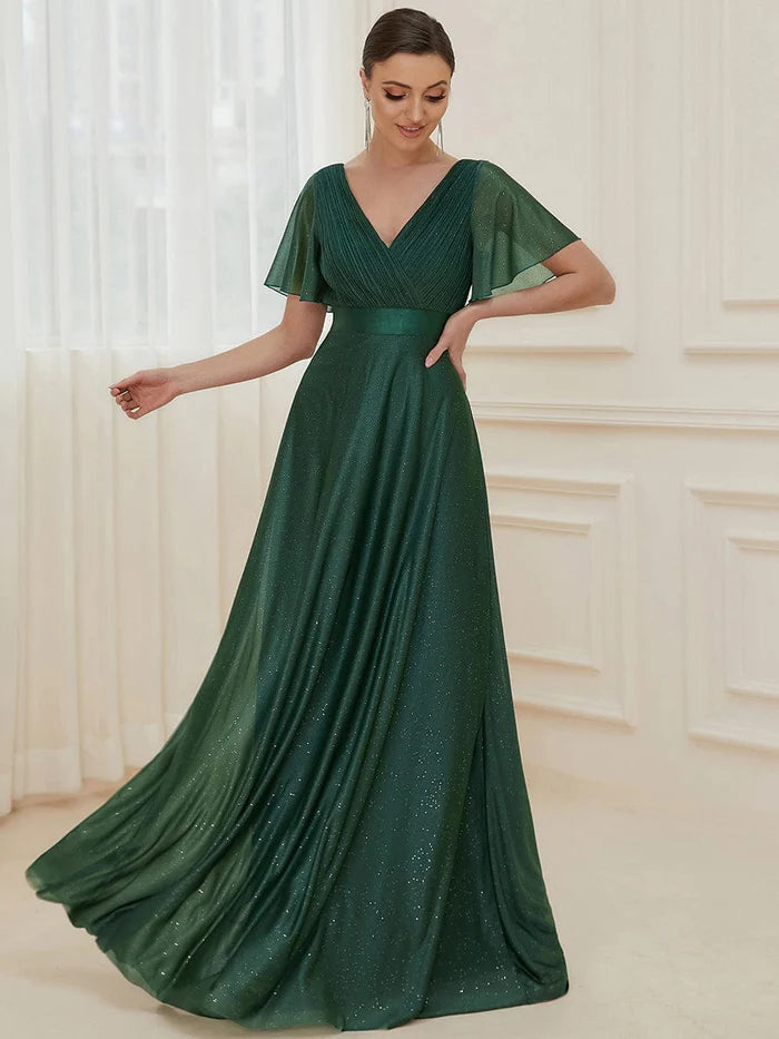 Wholesa Long Shimmery Flutter Sleeve Pleated V-Neck Evening Dress