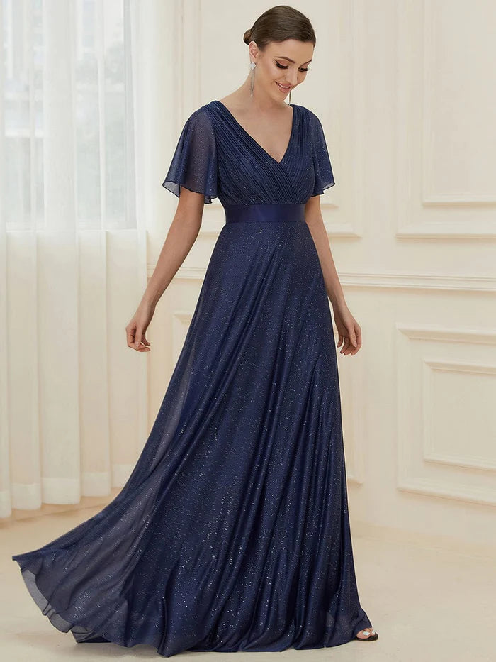 Wholesa Long Shimmery Flutter Sleeve Pleated V-Neck Evening Dress