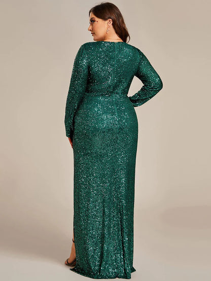 Wholesa Sequin V-Neck Long Sleeves High Slit Evening Dress