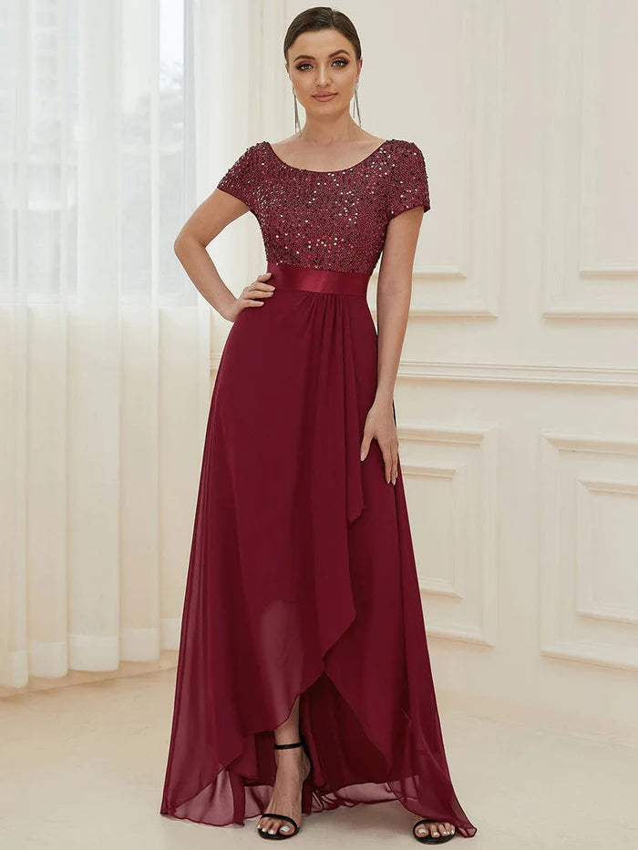 Wholesa Sequin Short Sleeve High Low Evening Dress